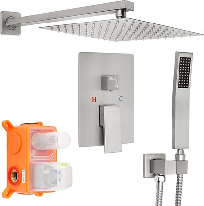 Brushed Nickel Square Rainfall Shower Head Set with Handheld, 10" | 10 Inch Square Head, With Shower Valve, Rustproof Brushed Nickel, High Pressure Raindrop