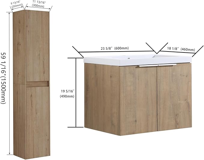 SSLine 24-Inch Single Bathroom Vanity Modern Wall Mounted Bathroom Vanity with Sink 24" Small Floating Bathroom Vanities Set with 2 Side Storage Cabinets,Brown White