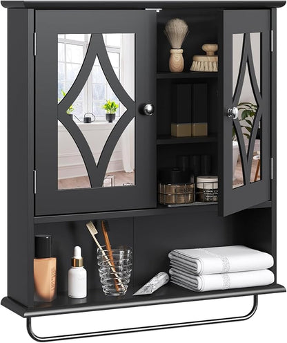 Vanity Wall Mounted Storage Cabinet with Adjustable Shelves and Towel Bar, Bathroom Medicine Cabinet with Mirror, Hanging Wall Cabinet for Bathroom, Laundry, Living Room, Black