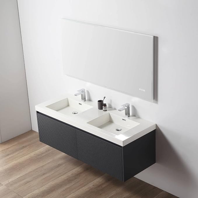 Blossom 60 Inch Double Sink Bathroom Vanity, All Wood Wall Mounted Floating Bathroom Vanity Cabinet with Acrylic Sink, Bathroom Sink Cabinet with Soft-Close Drawers, Modern Vanities, Night Blue