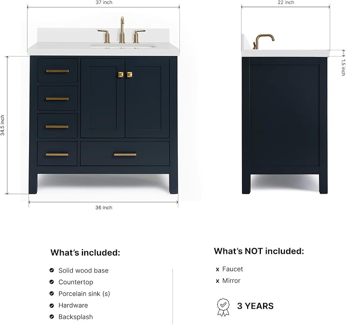 ARIEL Cambridge 36-inch Bathroom Vanity with Sink,Solid Wood, 1.5-inch Pure White Quartz Countertop, Single Rectangular Porcelain Sink, 2 Soft Closing Doors, 5 Dovetail Drawers, Midnight Blue