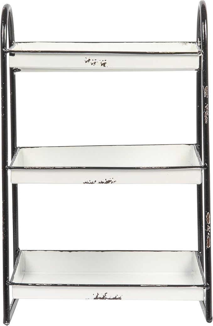 Creative Co-Op Heavily Distressed White 3-Tier Metal Tray with Black Frame & Rim