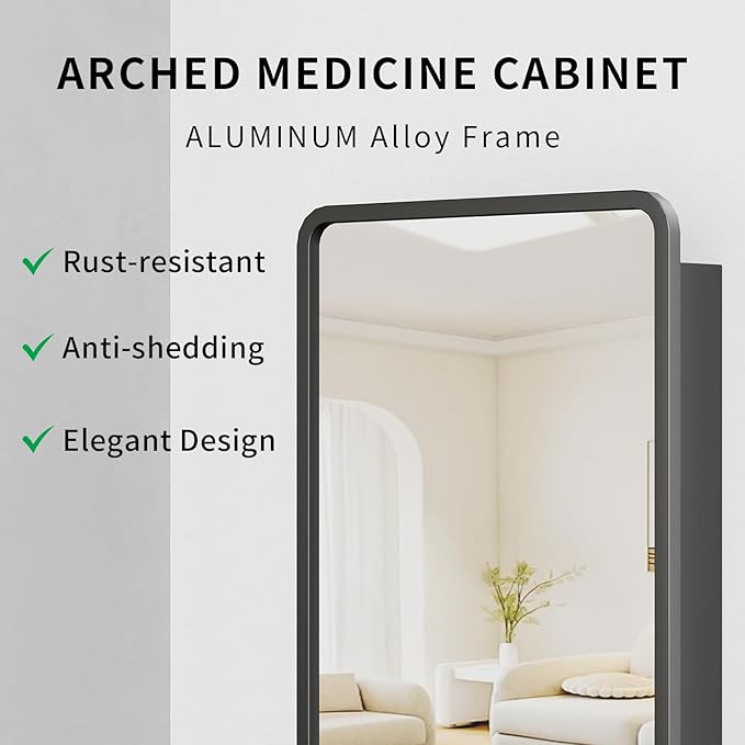 Black Medicine Cabinet Mirror,20x26 Inch Recessed Metal Framed Medicine Cabinet for Bathroom with Mirror,Adjustable Shelves Rounded Rectangle Bathroom Cabinet
