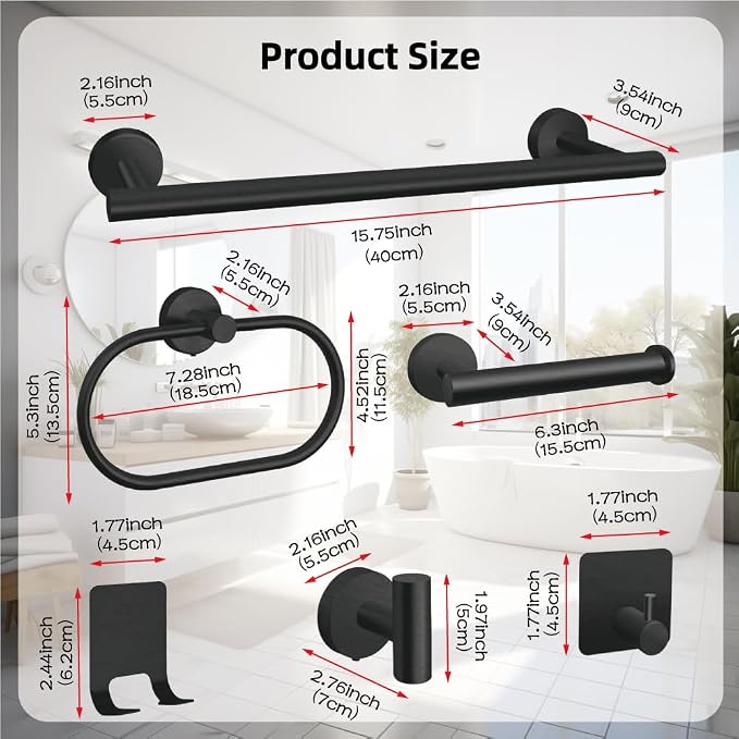 7-Piece Bathroom Accessory Set self-Adhesive Brushed Black Bathroom Hardware, Bath Towel Bar Set, Towel Racks for Bathroom, Wall Mounted Black
