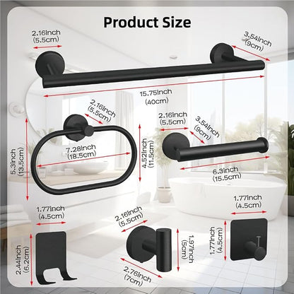 7-Piece Bathroom Accessory Set self-Adhesive Brushed Black Bathroom Hardware, Bath Towel Bar Set, Towel Racks for Bathroom, Wall Mounted Black