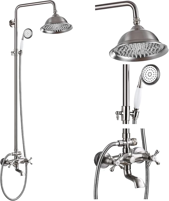 gotonovo Bathroom Exposed Shower Faucet Outdoor Shower System 8 Inch Rainfall Shower Head Set with Tub Spout and Handheld Spray Double Cross Handles Wall Mount without Shower Shelf Brushed Nickel