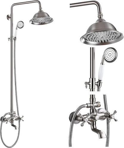 gotonovo Bathroom Exposed Shower Faucet Outdoor Shower System 8 Inch Rainfall Shower Head Set with Tub Spout and Handheld Spray Double Cross Handles Wall Mount without Shower Shelf Brushed Nickel