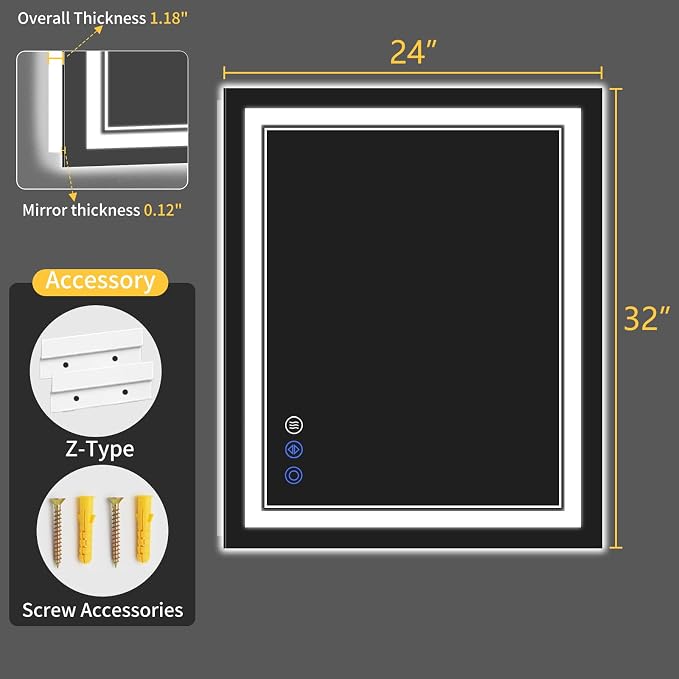24"x32" LED Bathroom Mirror with Lights, Anti-Fog, Backlit + Front Lit, Dimmable, Led Vanity Mirror for Wall, Lighted Bathroom Mirror, 3 Colors, Shatter-Proof Tempered Glass