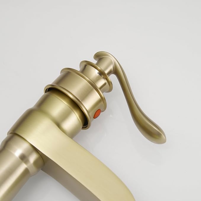 Brushed Gold Bathroom Sink Faucet Waterfall Single-Handle | Single Hole Deck Mounted, Includes Pop Up Drain with Overflow and Supply Lines, Farmhouse, Warm Luxury Metal Tone