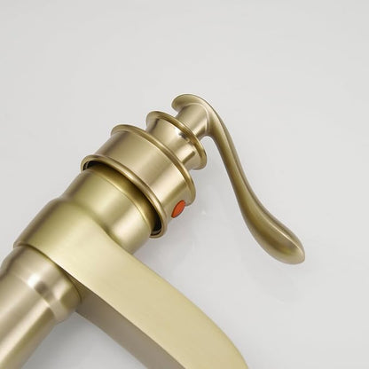 Brushed Gold Bathroom Sink Faucet Waterfall Single-Handle | Single Hole Deck Mounted, Includes Pop Up Drain with Overflow and Supply Lines, Farmhouse, Warm Luxury Metal Tone