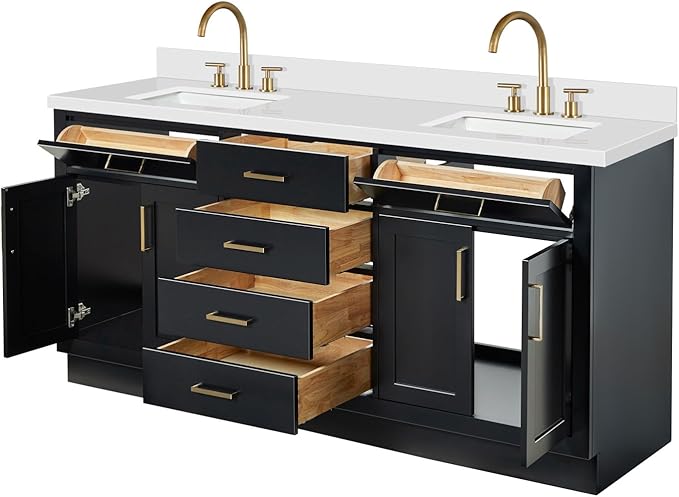 DKB Isabella 72 Inch Bathroom Vanity Double Sink — Black Bathroom Vanity with Sink, 1.5" Edge Pure White Quartz Countertop, 4 Soft-Close Doors, 4 Dovetail Drawers, and 2 Tilt Drawers