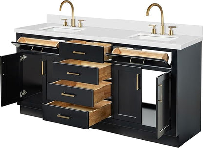 ARIEL Hepburn 72-inch Bathroom Vanity with Sink,Solid Wood, 1.5-inch Pure White Quartz Countertop & Backsplash, Double Rectangular Porcelain Sink, 4 Soft Closing Doors, 6 Dovetail Drawers, Black