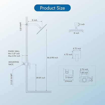 Polished Chrome Shower Faucet Set, 8 Inch Rain Shower System with Valve | Complete Rain Shower Set with Valve, Single Handle Wall Mount Design