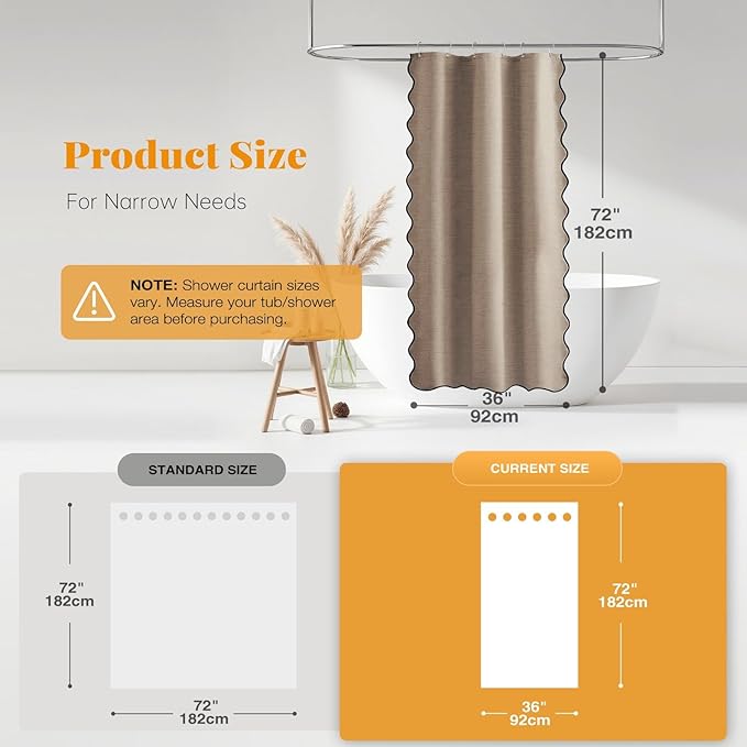 BTTN Boho Stall Shower Curtain, 36×72 Scalloped Linen Textured Heavy Duty Fabric Shower Curtain Set with 6 Hooks, Half Modern Rustic Farmhouse Waterproof Cloth Shower Curtains for Bathroom, Tan/Taupe