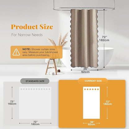 BTTN Boho Stall Shower Curtain, 36×72 Scalloped Linen Textured Heavy Duty Fabric Shower Curtain Set with 6 Hooks, Half Modern Rustic Farmhouse Waterproof Cloth Shower Curtains for Bathroom, Tan/Taupe