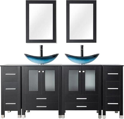 LUCKWIND 72" Double 24-in Bathroom Vanity with Sink Combo, Elegant Series with Two 12.6-in Side Cabinets, Painted Frame, Including Blue Boat Sinks, Faucets Without Mirrors, Black