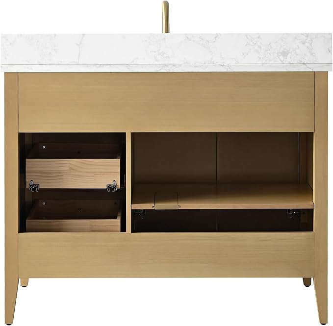 HOMEBEYOND 42" Bathroom Vanity with Sink, Solid Wood Bathroom Vanity Free-Standing Cabinet, Drawers, Ceramic Top & Soft Closing Door, Golden Brushed Handware, Natural Oak