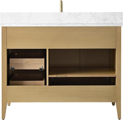 Vanity Art 36 inch Oak Bathroom Vanity with Single Sink & Ceramic Top, Vanity Cabinet with Soft-Closing Door, Solid Wood Frame, Linear Pattern, Natural Oak, VA9136-NO-MB,Matte Black Handles