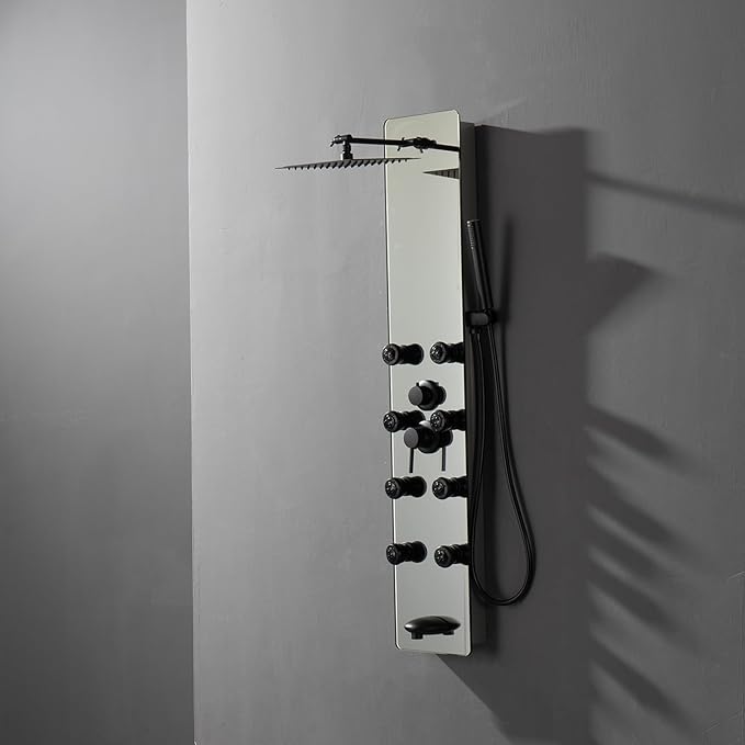 Shower Panel Tower System with Adjustable Rainfall Head Handheld Shower 2-Setting Body Jets and Tub Spout Multifunction Shower Panel, Brushed Stainless Steel and Glass
