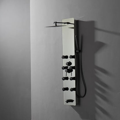 Shower Panel Tower System with Adjustable Rainfall Head Handheld Shower 2-Setting Body Jets and Tub Spout Multifunction Shower Panel, Brushed Stainless Steel and Glass