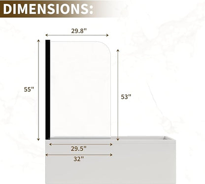 55"x32" Bathtub Shower Door – Frameless Glass Shower Door with 6mm Tempered Glass, Curved Hinged Design, Easy-Clean Coating Matte Black