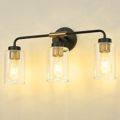 zeyu 3-Light Farmhouse Vanity Lights for Bathroom, 21 Inch Industrial Bath Wall Light Fixtures with Clear Glass Shade, Black and Gold Finish, ZS62B-3W BK+BG