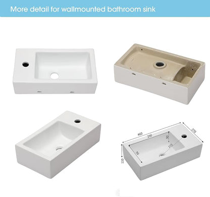 Wallmounted Bathroom Vessel Sink - 18"x10" Rectangular Floating Wall Hung Sinks Ceramic Wash Hand Basin White Wall Mount Vanity Sink for Small Bathroom