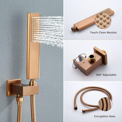 Iriber Brushed Rose Gold Rain Shower System with 12 Inch Shower Head and Handheld Bathroom Wall Mounted Shower Set Contain Shower Faucet Mixer and Trim Kit (Valve Included)
