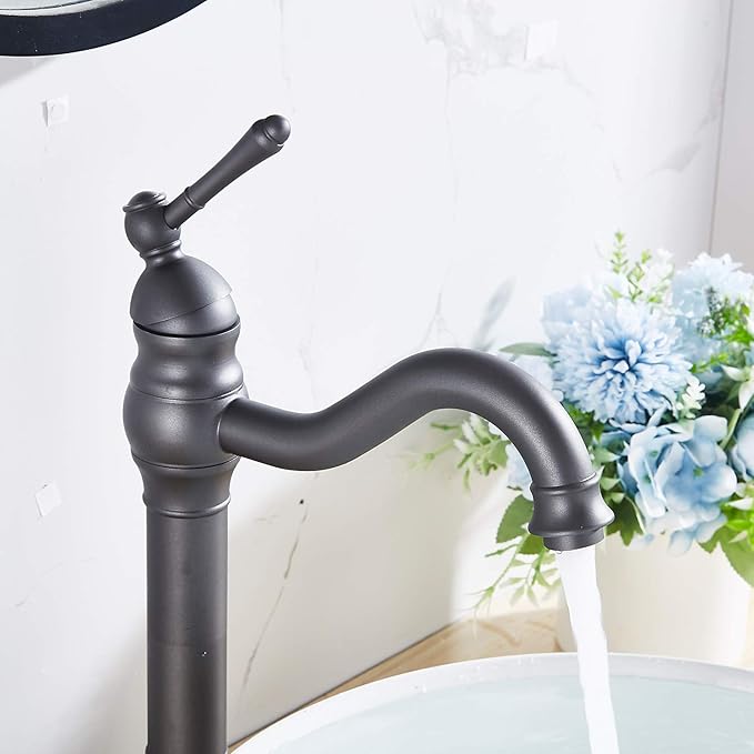 GGStudy Bathroom Faucet 360° Swivel Single-Handle One Hole Bathroom Vessel Sink Faucet Matching Pop Up Drain Grey Farmhouse Bathroom Vanity Faucet