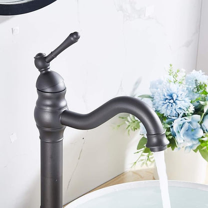 GGStudy Bathroom Faucet 360° Swivel Single-Handle One Hole Bathroom Vessel Sink Faucet Matching Pop Up Drain Grey Farmhouse Bathroom Vanity Faucet