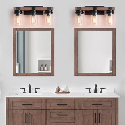 3 Light Farmhouse Vanity Light, Rustic Black Bathroom Light Over Mirror with Clear Glass Shade, Wood Grain Vintage Farmhouse Wall Sconces for Bathroom, Living Room, Hallway