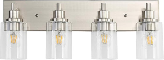 LOUSACE 4 Light Bathroom Vanity Light Brushed Nickel, Bathroom Lighting Fixtures with Clear Glass Shades Over Vanity Mirror, Modern Wall Sconces Fixtures for Bedroom Living Room, E26 Socket