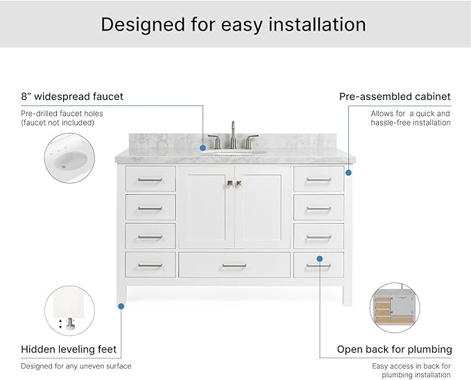 ARIEL Cambridge 54-inch Bathroom Vanity with Sink,Solid Wood, 1.5-inch Italian Carrara Marble Countertop & Backsplash, Single Oval Porcelain Sink, 2 Soft Closing Doors, 9 Dovetail Drawers, White