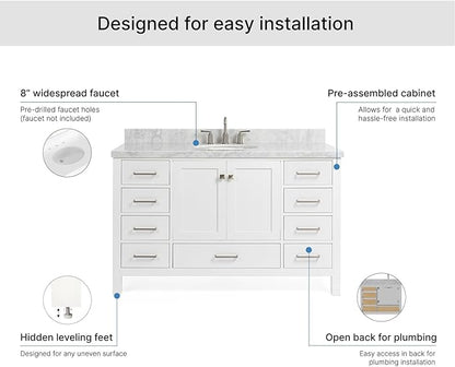 ARIEL Cambridge 54-inch Bathroom Vanity with Sink,Solid Wood, 1.5-inch Italian Carrara Marble Countertop & Backsplash, Single Oval Porcelain Sink, 2 Soft Closing Doors, 9 Dovetail Drawers, White