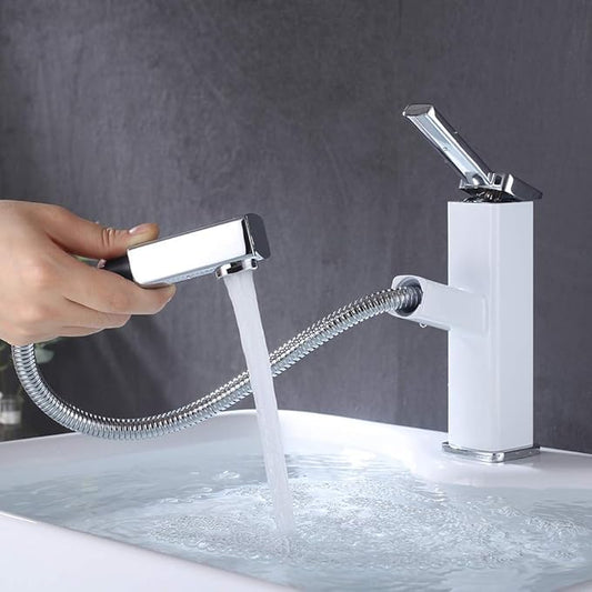 KAIYING Bathroom Sink Faucet with Pull Out Sprayer, Single Handle Basin Mixer Tap for Hot and Cold Water, Pull Down Sink Faucet with Rotating Spout (Regular, Chrome & White)