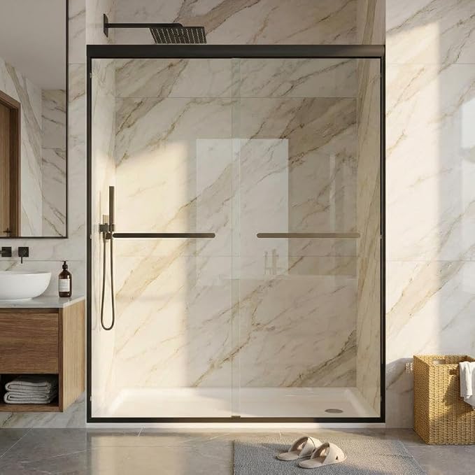 Sliding Shower Door, Adjustable 44"-48" W x 72" H with Double 8mm (5/16") Tempered Glass & Coating, Aluminum Alloy Frame, Matte Black Square Track, Space-Saving Bypass Design