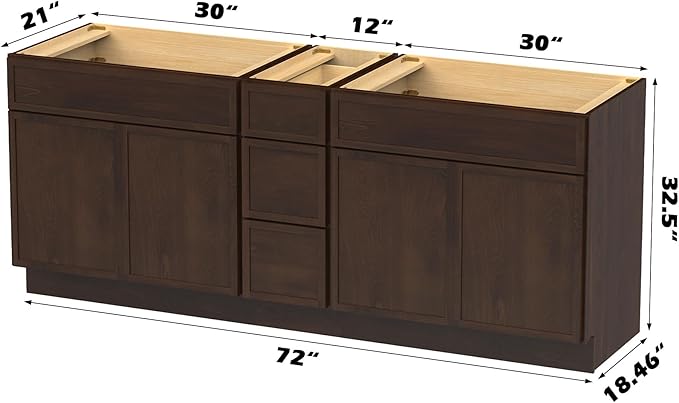 HomeBeyond 72 Inches Bathroom Vanity Base Cabinet Without Sink, Double Sink Top Sturdy Floor Mounted Cabinet with Door & Soft Closing Drawers, Brown, VA4130-2+VA4112-3