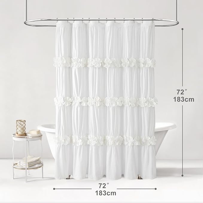 Ruffle Farmhouse Linen Shower Curtain with Vintage Cotton White 72"W x 72"H | Soft Cotton Cloth, Ruffle Bow and Ruffled Hem，Linen Texture，Machine Washable，12 Metal Holes and Plastic Hooks