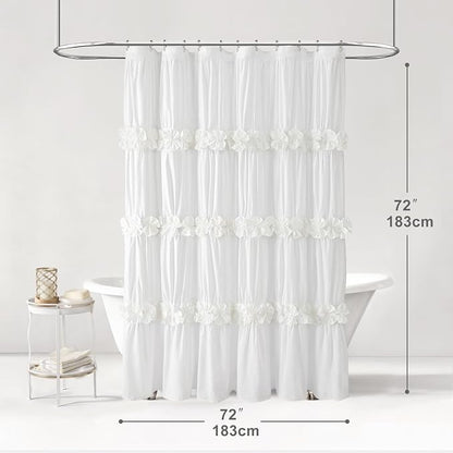 Ruffle Farmhouse Linen Shower Curtain with Vintage Cotton White 72"W x 72"H | Soft Cotton Cloth, Ruffle Bow and Ruffled Hem，Linen Texture，Machine Washable，12 Metal Holes and Plastic Hooks