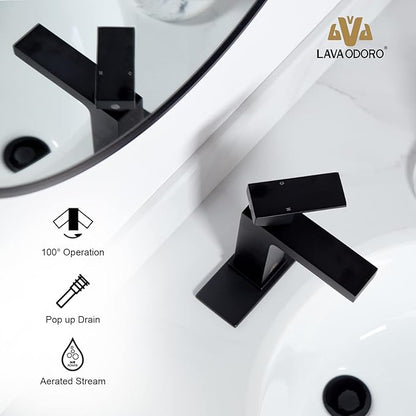 Lava Odoro Matte Black Bathroom Faucet 1 Hole, Modern Single Hole Bathroom Sink Faucet for Vanity with Pop up Drain Assembly, Deck Plate Included, 1.2 GPM Water Flow, BF307-B