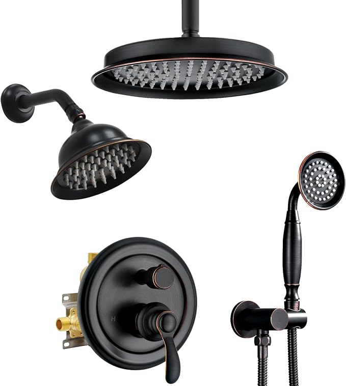 Dual Rain Shower Head System with Handheld Antique Faucet Set | Oil Rubbed Bronze Finish, Multi-layer Plating, Vintage Rainfall, 3 Way Diverter Brass Valve with Trim Kit, Easy Install