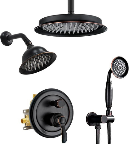 Dual Rain Shower Head System with Handheld Antique Faucet Set | Oil Rubbed Bronze Finish, Multi-layer Plating, Vintage Rainfall, 3 Way Diverter Brass Valve with Trim Kit, Easy Install