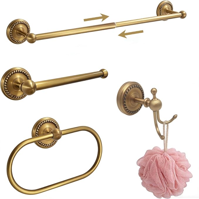 Antique Brass 4-Piece Bathroom Hardware Set Adjustable Towel Bar 13-24" | Vintage Gold Towel Bar, Oval Towel Ring, Toilet Paper Holder, Robe Hook, Towel Racks for Bathroom Wall Mounted Accessories