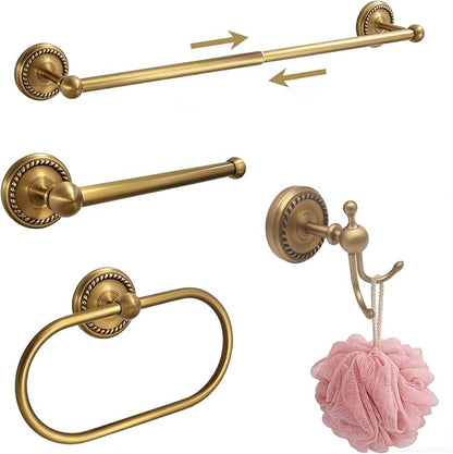 Antique Brass 4-Piece Bathroom Hardware Set Adjustable Towel Bar 13-24" | Vintage Gold Towel Bar, Oval Towel Ring, Toilet Paper Holder, Robe Hook, Towel Racks for Bathroom Wall Mounted Accessories