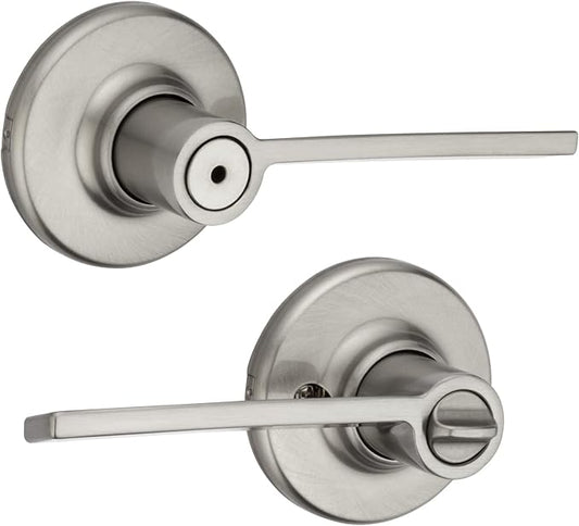 Kwikset Ladera Interior Privacy Door Handle with Lock, Door Lever For Bathroom and Bedroom, Satin Nickel Reversible Keyless Push Button Lock Door Lever, with Microban Protection, 1 Count (Pack of 1)
