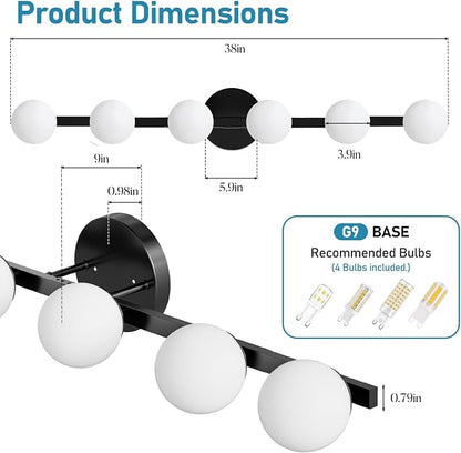 Lightdot 6 Light Bathroom Vanity Light, 38" Modern Black Vanity Lights with Globe Water/Shatterproof PC Lampshade, Rust-Proof Bathroom Light Fixtures Over Mirror for Kitchen Hallway Cabinet Porch