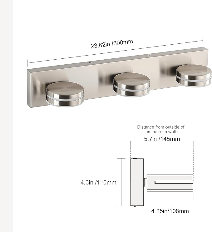 Brushed Nickel Bathroom Vanity Light, (24in Dimmable) 3-Light Bathroom Light Fixtures Over Mirror, LED 5500K Vanity Lights with 360°Rotating Lamp Head