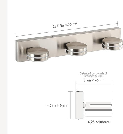 Brushed Nickel Bathroom Vanity Light, (24in Dimmable) 3-Light Bathroom Light Fixtures Over Mirror, LED 5500K Vanity Lights with 360°Rotating Lamp Head