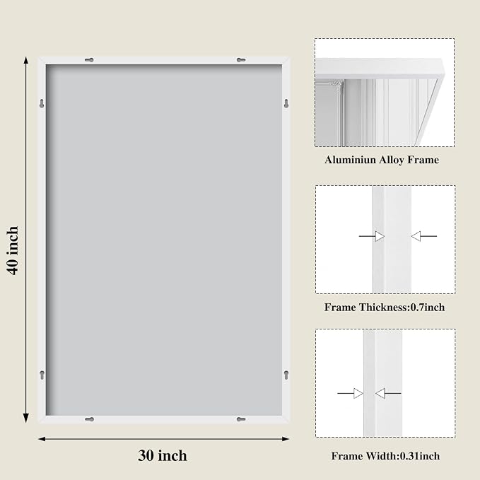 Koonmi White Rectangle Wall Mirror, 30x40 Inch Bathroom Mirror, Aluminum Frame Vanity Mirror for Entryway, Living Room, Bedroom Bathroom, Hangs Horizontally or Vertically