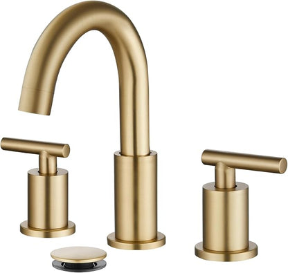gotonovo 8 Inch Widespread 3 Hole Bathroom Sink Faucet Brushed Gold | SUS304,2 Lever Handle Bathroom Faucet,360° Swivel Spout,24’’ cUPC Hose,6-16’’ Vanity,Sink,Lavatory,Basin,RV,Pop-up Drain